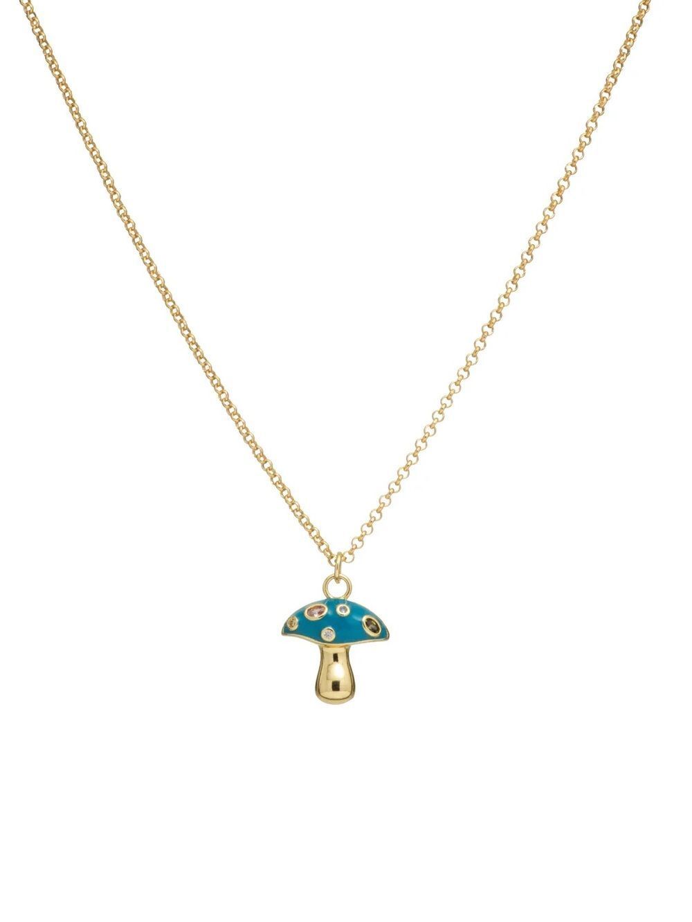 Gold Mushroom Pendant Necklace with Teal Enamel
